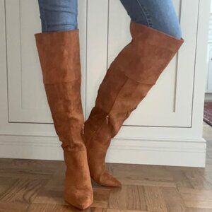 🆕Women Dark Brown Suede Thigh High Pointed Toe Kitten Heel Over the Knee Boot